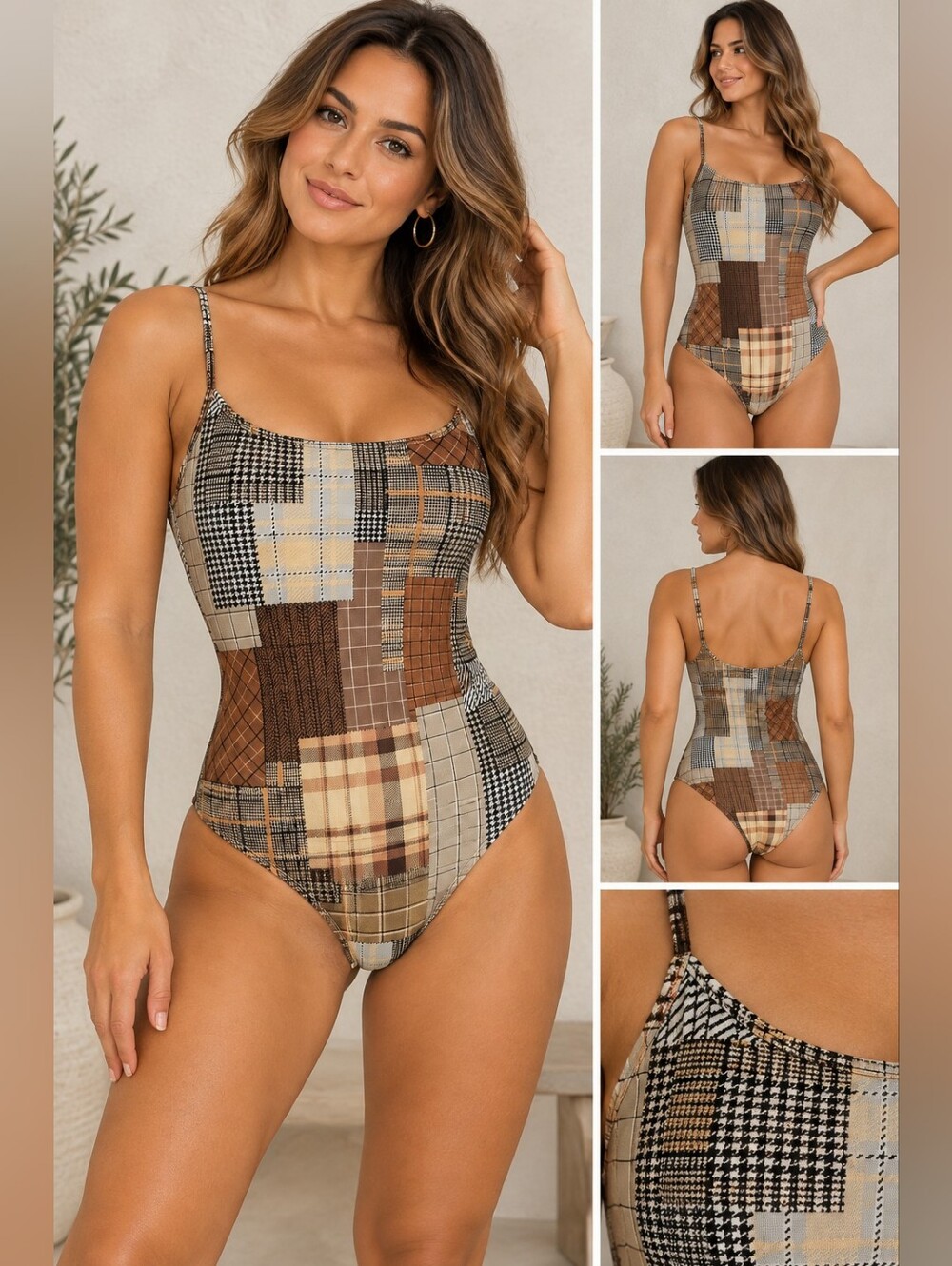 Bear Dance Brown Patchwork Plaid One-Piece
